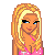 Pixel art contact sheet showing three frames of a cartoon woman with blonde hair in pink and blue clothing, plus decorative pink text elements on white background.