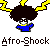 Pixelated character with large afro, yellow lightning bolts on head, blue shirt, and black text reading 'Afro-Shock' below.
