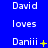 Blue background with white text arranged in three displaying names and 'loves' with animated yellow symbols near 'Daniil' names