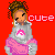 Pixel art icon of a cartoon character with braided hair wearing a gray hoodie and pink pants against a solid red background, with the word "cute" in pixelated text to the right.