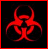 Red biohazard symbol on black background with red border, static single-frame image.