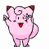 Pixelated pink cartoon character with red-tipped ears and a curled tail in two sequential animation frames showing arm movement.