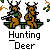 Animated contact sheet of pixel art icons showing deer hunting scenes with two brown cartoon deer characters, some frames featuring trees and gunshots.