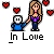Pixel art of two characters holding hands with red hearts floating around them and 'In Love' text below.