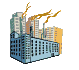 Pixelated cityscape with blue and yellow buildings, multiple smokestacks emitting orange smoke against a gray background.
