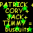Yellow text and green stars on black background with repeated names and 'biscuits' text, animated star positions.
