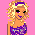 Pixelated character with blonde hair and purple headband wearing purple floral top and dark blue jeans against pink background.