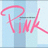 Pink cursive text "Pink" on a light blue and white striped background with subtle pixelation.