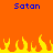 Pixelated orange background with blue "Satan" text at top and yellow-orange flames along the bottom edge.
