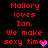 Red pixelated text on black background reads "Mallory loves Ian. We make sexy time." with a heart symbol replacing the 'e' in 'time' that changes color between frames.