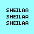 Pixelated text 'SHEILAA' repeated in a pattern with blue highlighted on light cyan background