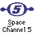 Pixelated icon with blue oval containing white number 5, flanked by two small blue circles on a gray background; below is black pixelated text reading "Space Channel 5".