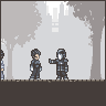 Pixel art scene with three figures in dark armor standing on a stone path, trees and city buildings visible in the background.