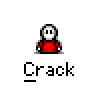 Animated contact sheet showing 20 sequential frames of a pixel art character in red clothing with white face, performing crack-related actions on gray background.