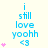 A static digital image displays blue text reading "i still love yoohh <3" with pink heart symbols on a light background, arranged in a of three and three