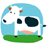 Pixelated cow icon with light blue body, white face, black spots, orange nose, and green base on a plain background.