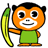 Pixelated cartoon monkey mascot with orange face, black hair, green shirt, and yellow-green curved object held in right hand against white background.