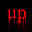 Red pixelated text 'HP' on left side with vertical red streaks, and a fragmented red symbol on right against black background.