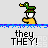Animated sequence of a green duck with a white face and yellow beak, wearing a green hat, moving across a gray background with blue waterline and 'they THEY!' text below.