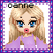 Pixelated doll avatar with blonde hair and blue eyes in purple dress, showing six distinct facial expressions across a