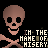 Pixelated skull and crossbones with repeated text 'IN THE NAME OF MISERY' on black background, animated in a pattern