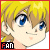 Pixelated anime-style character with blonde hair and blue eyes, smiling slightly against white background.