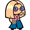 Pixelated cartoon character with blonde hair, blue glasses, pink shirt, blue pants, and flower pendant, shown in six sequential poses with hand and head movements.