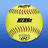 A pixelated yellow softball with brown stitching and a black rectangular logo on its surface, set against a blue gradient background.