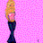 Pixelated figure with long blonde hair, pink face, and dark blue dress against a pink checkered background.