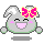 A 3x3 contact sheet of pixel art frames showing a gray bunny-like character with pink bow, displaying various facial expressions and tears across eight sampled animation frames.