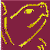 Maroon background with yellow pixelated lines forming abstract shapes and a small cup-like form.