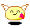 Pixelated yellow circular character with brown outline, white wings, and black smiley face; left side shows pink flame-like shape on cheek, right side shows wing movement.