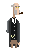 Pixel art of a tall, thin elderly man with gray hair and beard wearing glasses, black coat, white shirt, brown pants, and smoking a pipe against a solid light gray background.