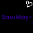 A static pixel art image with a white heart outline at the top and purple text reading "Sasumay- Sasumay-" on a black background.