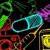 Pixelated neon-style icons on black background with cyan, green, purple, red, yellow elements; one frame shows gray area replacing lower-right section.