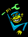 Animated cartoon monkey with blue mask and shirt, yellow face and hands, holding green wrench against black background.