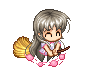Pixel art character with silver hair in a ponytail, wearing purple and white clothing, holding brown object while pink petals float around.