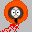 Pixelated orange circular icon with a gray inner circle containing white eyes and pink cheeks, red splatter effects extending from the bottom left.