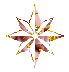 A star-shaped icon with eight points, featuring pink and brown gradient segments and yellow sparkles on a gray background.