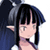 Pixelated anime-style character icon with dark blue hair, black bangs, and a white collar against a transparent background.