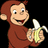 Animated pixel art of a brown monkey holding a peeled banana, with yellow text appearing sequentially over the right side.