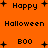 Orange background with black pixelated text and plus signs, displaying 'Happy', 'Halloween', and 'BOO' in various arrangements.