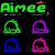 Green 'Aimee' text and orange 'Rulz!!!' text flank a of colored bell-shaped icons on black background