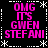 Black background with white dashed borders and star patterns, displaying pink pixelated text "OMG ITS GWEN STEFANI" in two identical vertical sections.