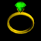 Animated sequence of a gold ring with a green gemstone viewed from multiple angles against a black background.