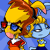 Pixelated character with yellow hair, red glasses, blue eyes, pink cheeks, and a red-and-orange outfit against a light blue background.