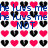 Pixelated icon with repeating pink and black heart patterns, blue text phrases like "HE LUVS ME!" and "NOT", arranged in a