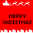 Red background with white pixelated Santa sleigh and reindeer animations above black text reading "MERRY CHRISTMAS" in two