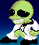 Pixelated green alien in white karate uniform with black belt and shoes, smiling widely against blue gradient background.