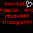 Red pixelated text on black background with white heart symbol replacing comma after 'Kendall', repeated phrases including 'Connor, and Connor, and' and 'Modi=BFF Triangle!!!!!!'